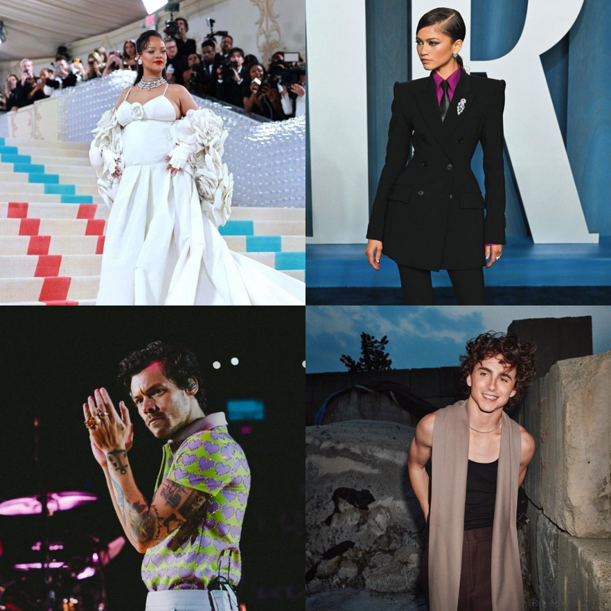 Discover a captivating ensemble of fashion icons, including Rihanna, Zendaya, Harry Styles, and Timothée Chalamet, renowned for their distinctive styles and influence in the fashion world. 