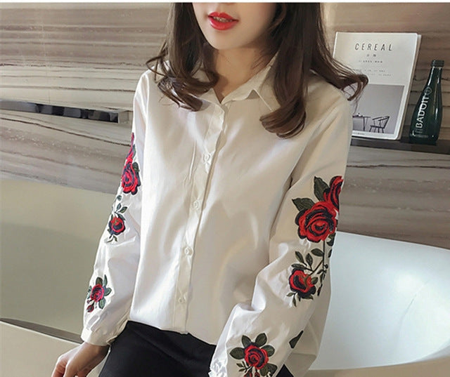 Casual Long Sleeve Floral Embroidery Shirt