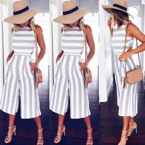 Casual Sleeveless Striped Wide Leg Pant