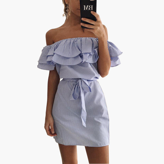 Casual Off Shoulder Strapless Striped Mini Dress